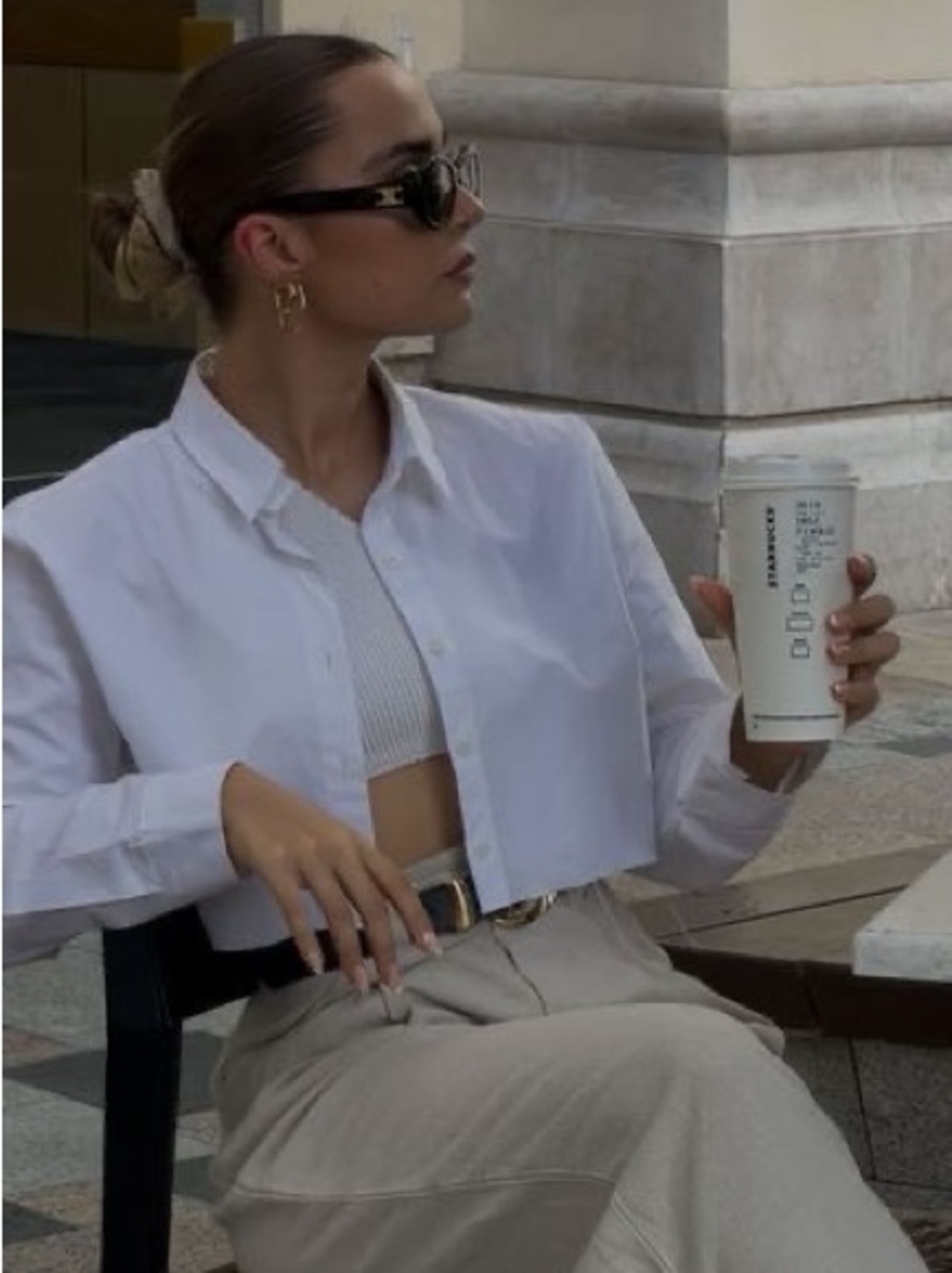 Zara White Cropped Button-Front Long Sleeve Shirt